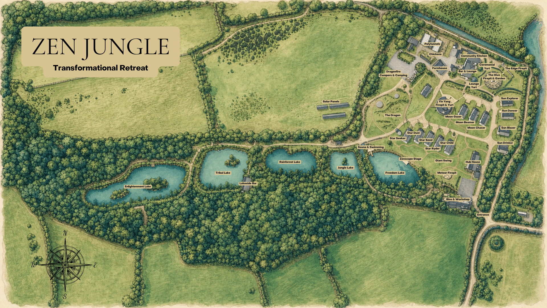 Illustrated map of the Zen Jungle retreat showing cabins, lakes, and facilities — labelled hand-drawn aerial view of the 40-acre site in Devon.